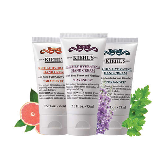 키엘이 새롭게 출시한 아로마틱 핸드크림 제품 이미지.(왼쪽부터 자몽향, 라벤더향, 코리앤더향)  키엘 제공